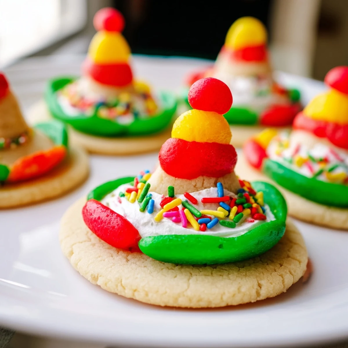 Handmade Cinco De Mayo sombrero cookies arranged on a platter featuring colorful frosting and round candy accents