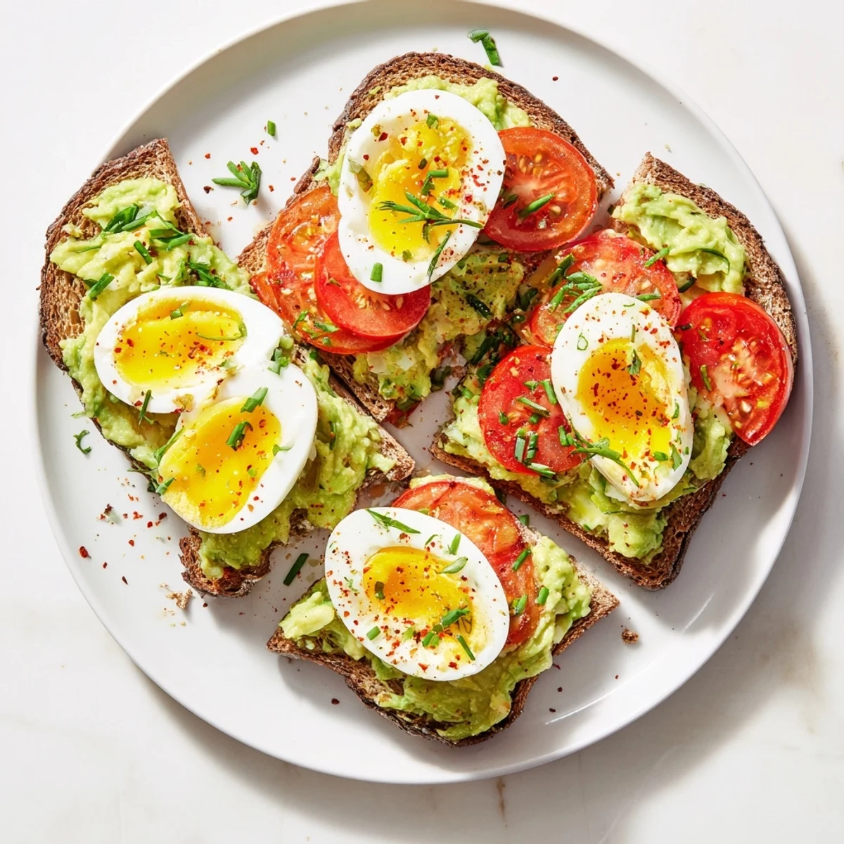 Golden toasted bread layered with creamy mashed avocado topped with sliced hard-boiled eggs and ripe tomato