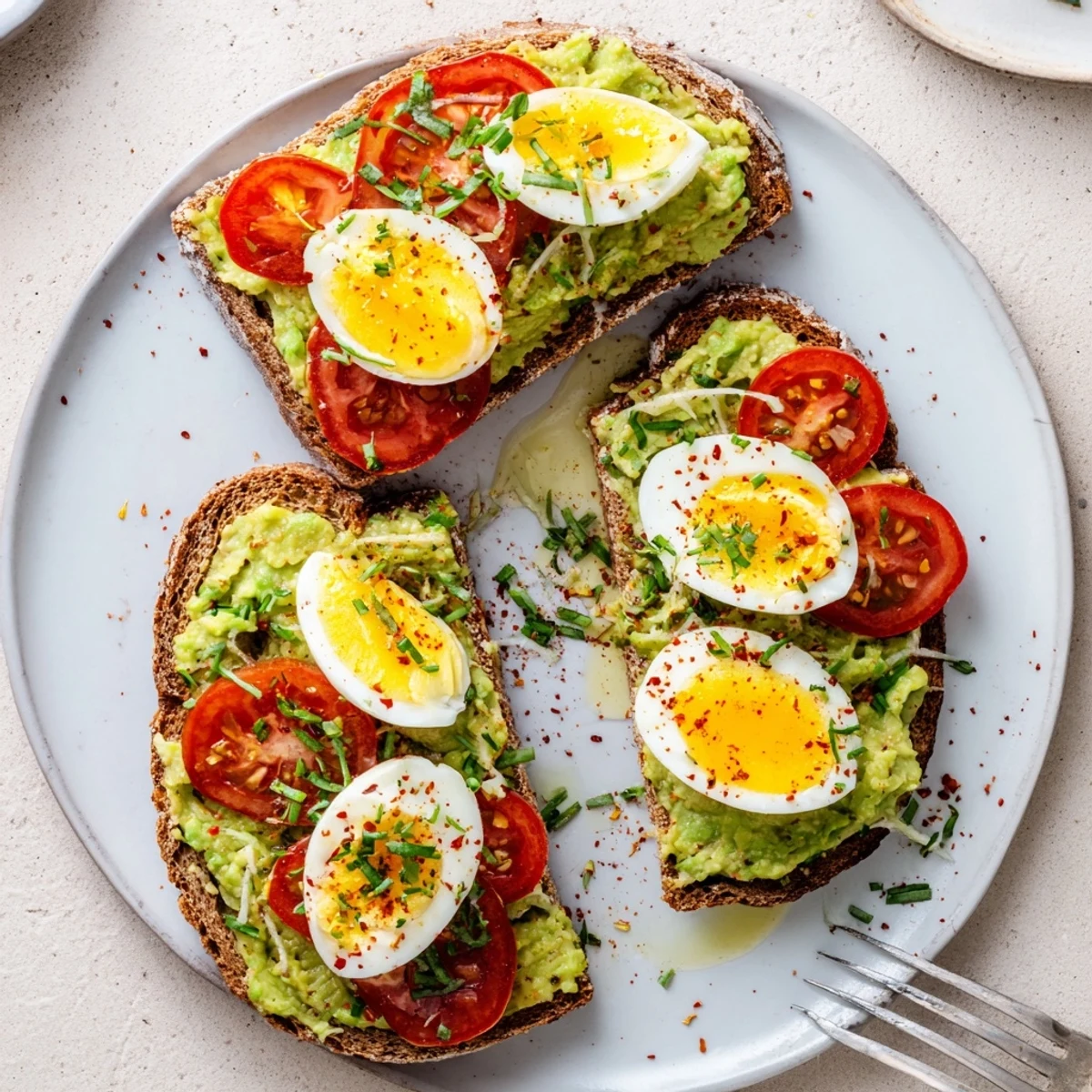 Healthy avocado toast recipe featuring fluffy egg slices and juicy tomato on crusty whole grain bread