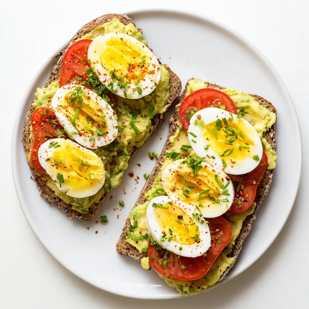 Open-faced avocado toast with tomato and hard-boiled egg garnished with fresh herbs and red pepper flakes