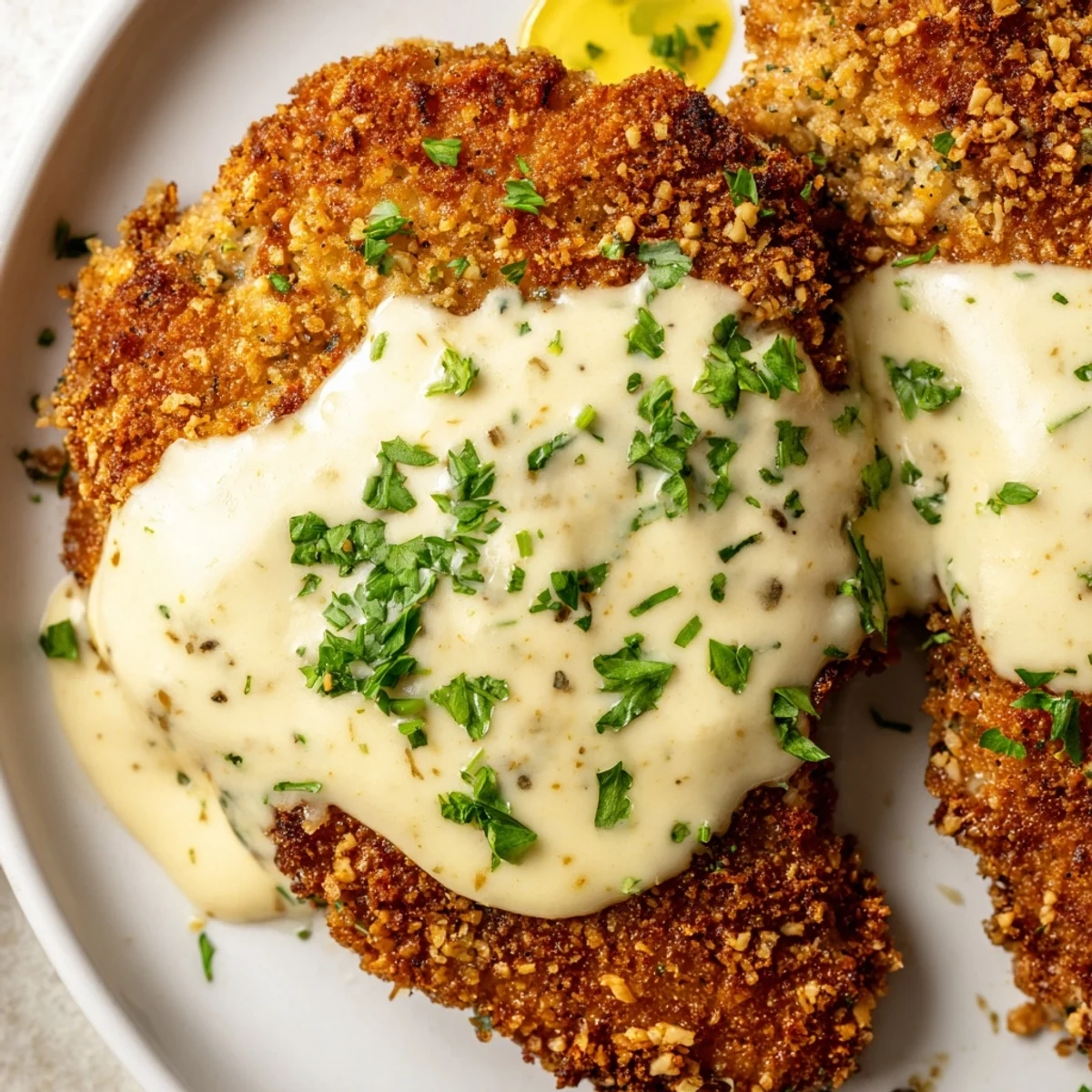 Golden crispy chicken breasts drizzled with rich velvety Parmesan cream sauce over white plate