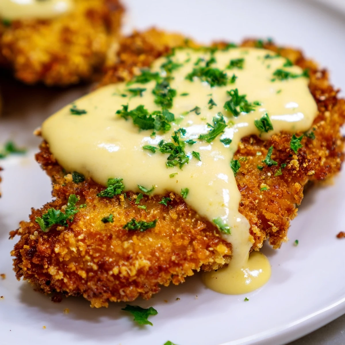 Pan-fried chicken with crunchy panko coating topped with smooth garlic cream sauce and fresh parsley