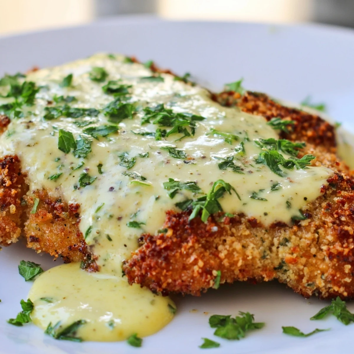 Crispy golden chicken cutlets resting in luxurious creamy sauce garnished with chopped fresh green parsley