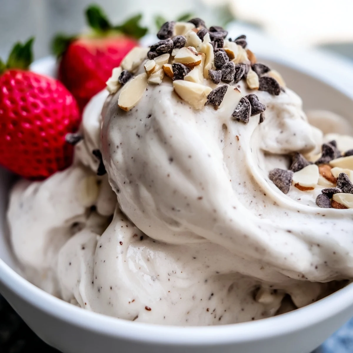 Creamy banana nice cream served in a bowl topped with fresh berries and dark chocolate chips