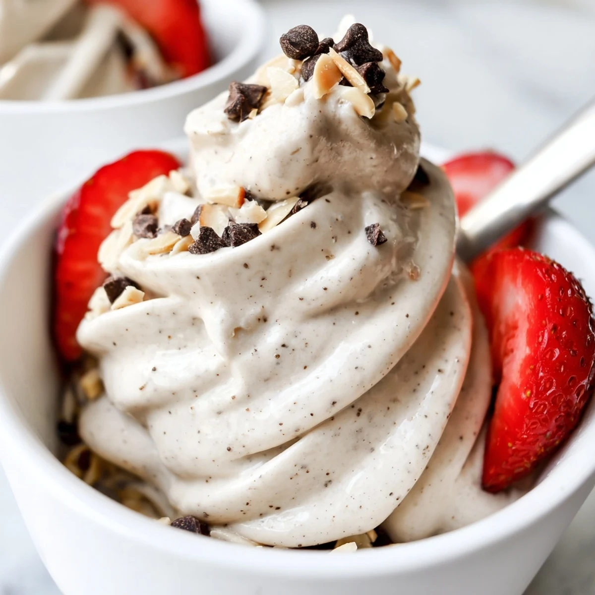 Vegan banana nice cream with smooth swirl texture garnished with chopped nuts and coconut flakes