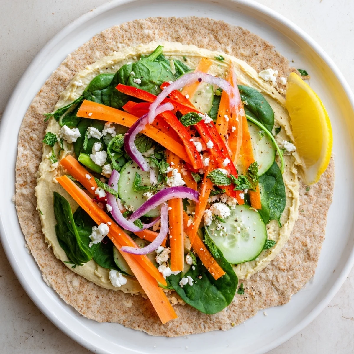 Fresh whole wheat wrap rolled with creamy hummus and colorful crisp vegetables for Mediterranean lunch