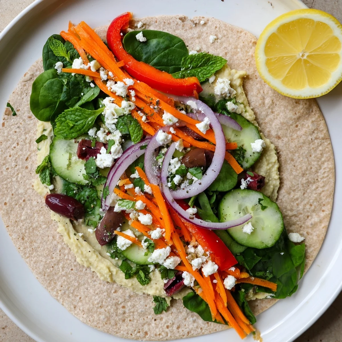 Heavenly hummus wrap recipe layered with spinach carrots cucumber tomatoes and crumbled feta on cutting board