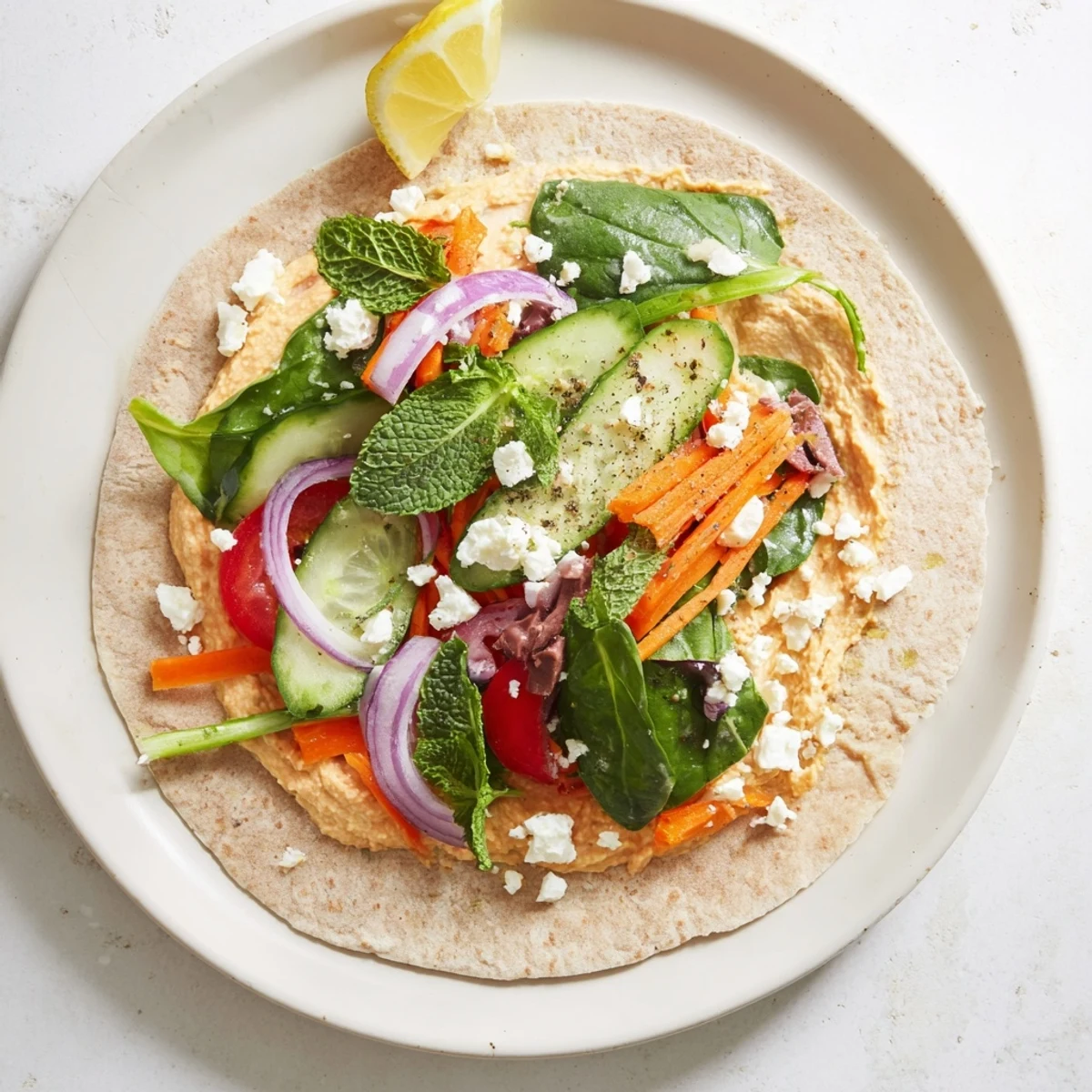 Close-up of vegetarian wrap filled with smooth hummus fresh herbs bell pepper and red onion slices