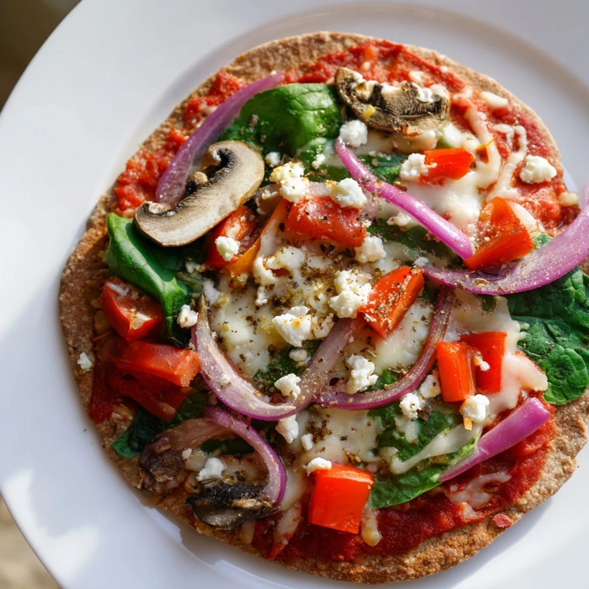 Mediterranean-style low cholesterol pita pizza baked until crispy with bell peppers tomatoes onions and basil garnish