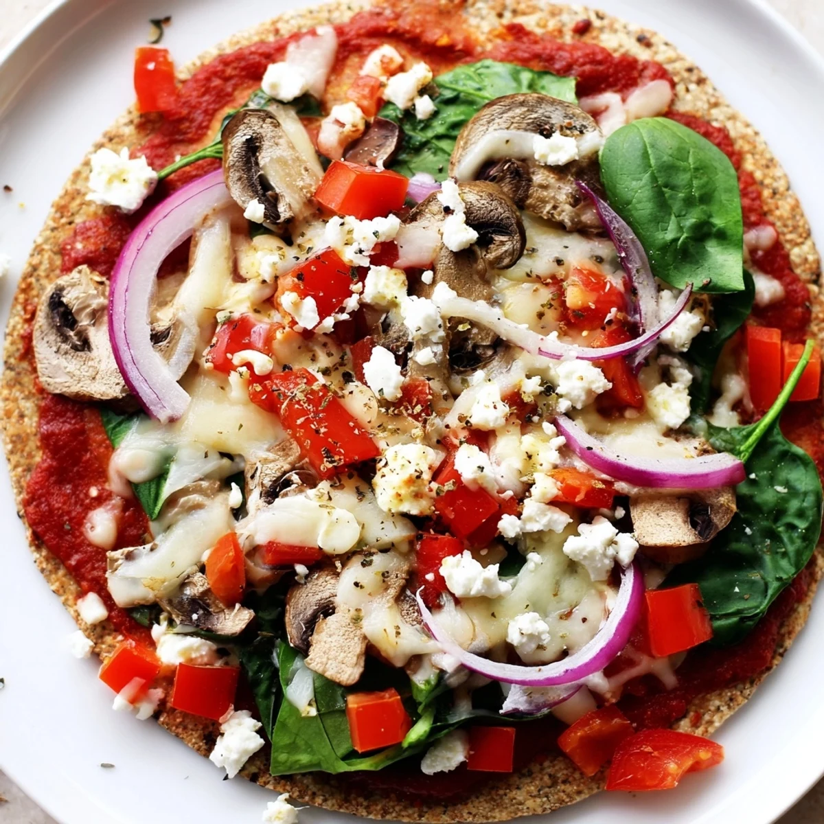 Golden brown whole wheat low cholesterol pita pizza topped with colorful fresh vegetables and melted mozzarella cheese