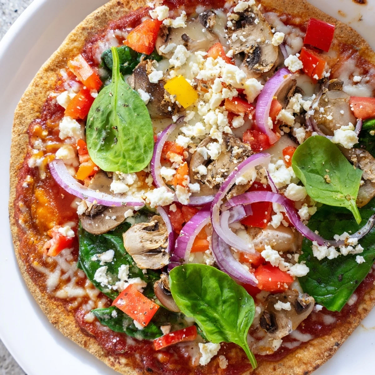 Heart-healthy low cholesterol pita pizza featuring layered vegetables and light cheese on whole wheat base ready to slice