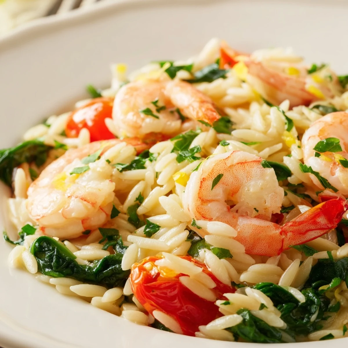 Golden lemon shrimp and orzo skillet simmered with bright tomatoes and fresh wilted spinach