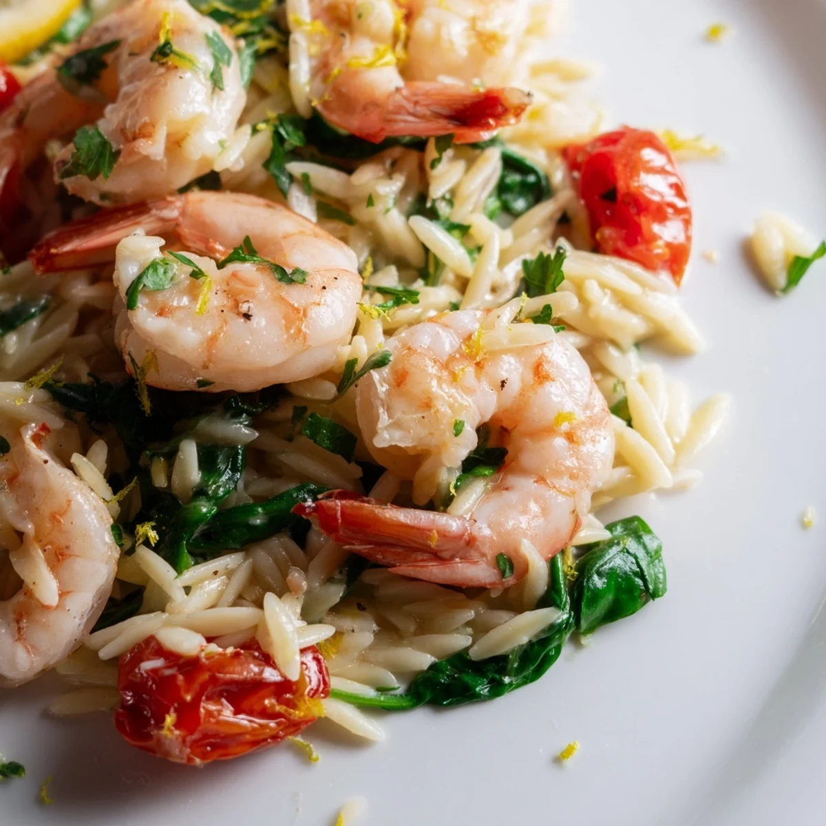 One-pan lemon shrimp orzo recipe topped with pink shrimp, parsley, and zesty lemon wedges