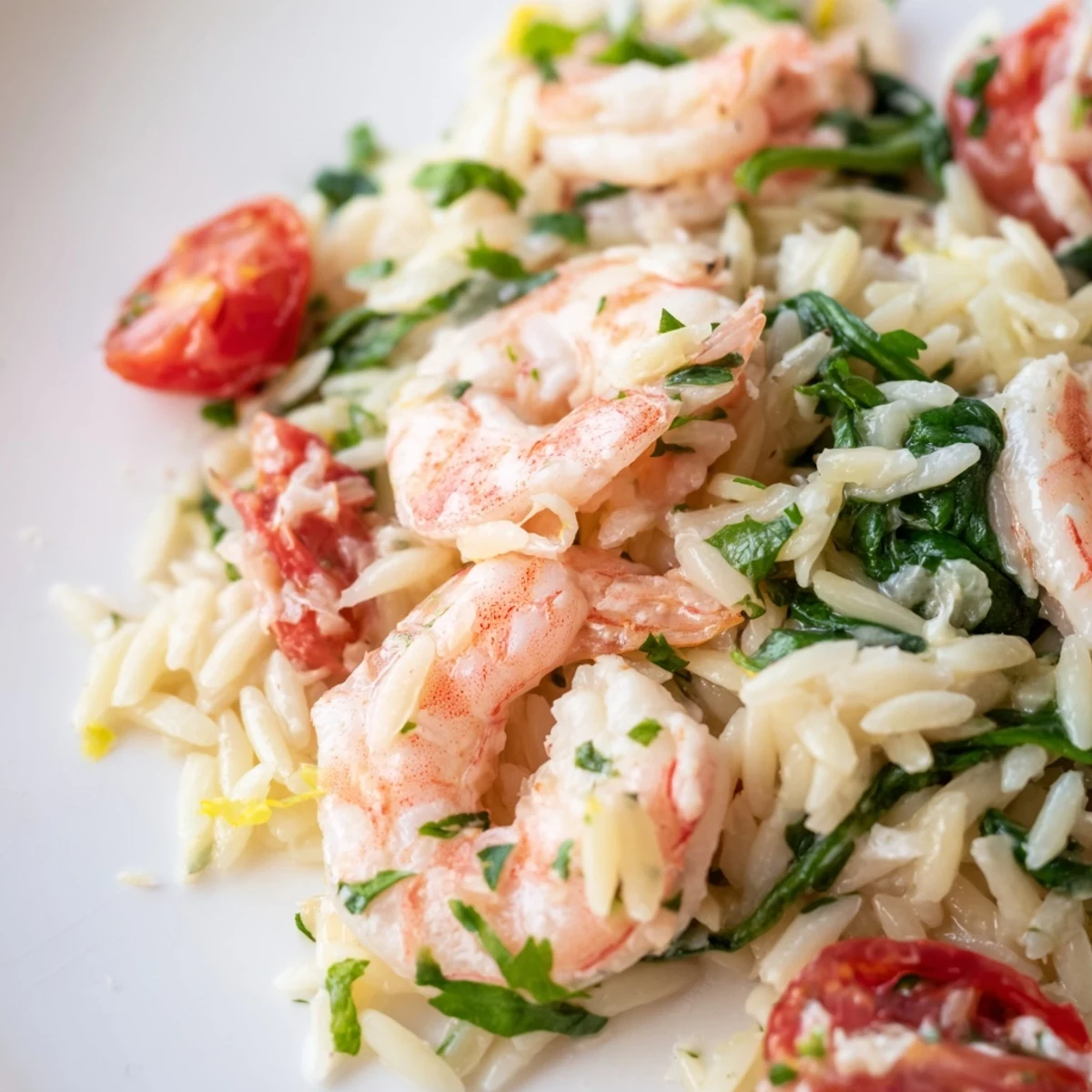 Creamy Mediterranean lemon shrimp and orzo skillet featuring tender pasta and vibrant cherry tomatoes