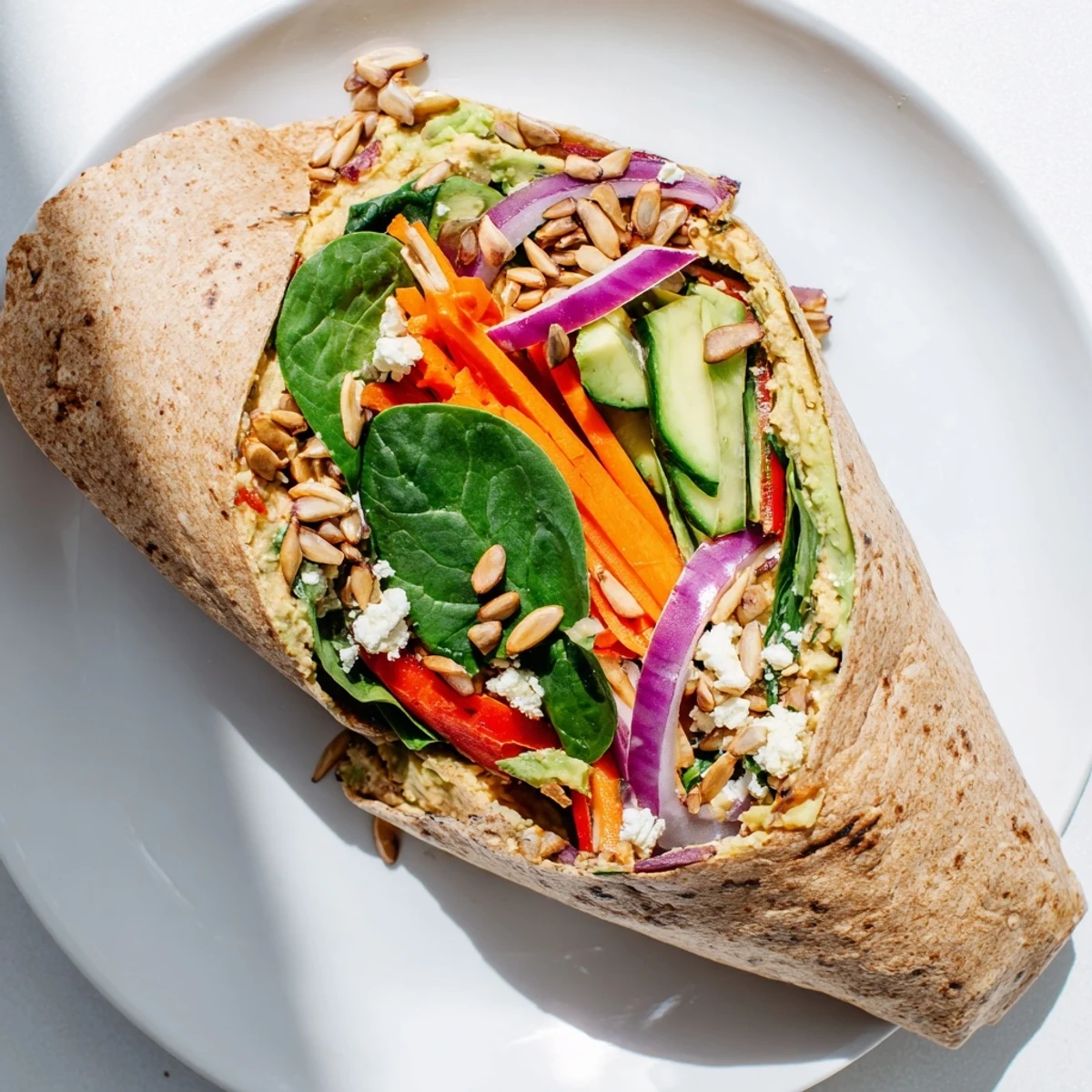 Golden whole wheat tortilla wrapped around colorful vegetables and creamy hummus for a veggie wrap with hummus recipe