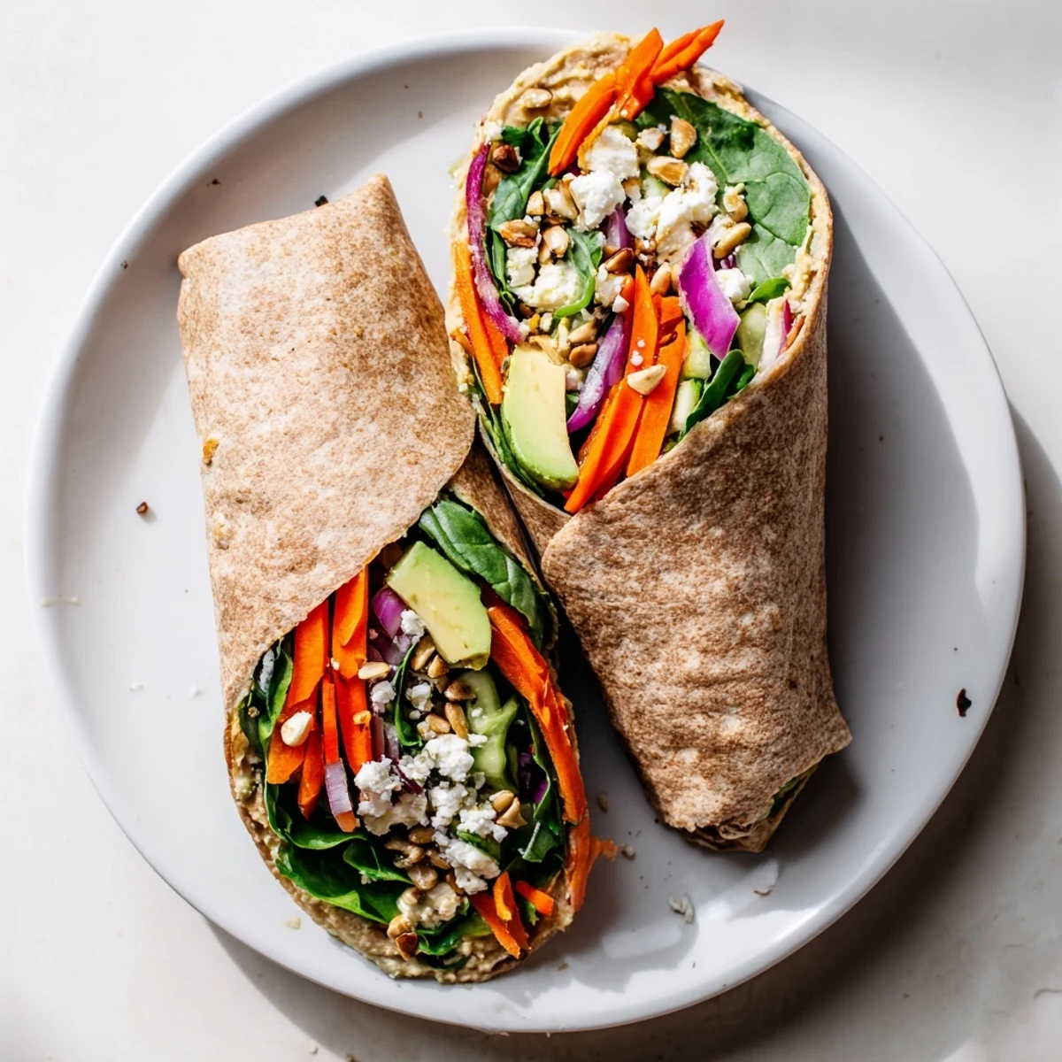 Diagonally sliced Mediterranean wrap revealing layers of fresh spinach, avocado, and bell pepper in this veggie wrap with hummus