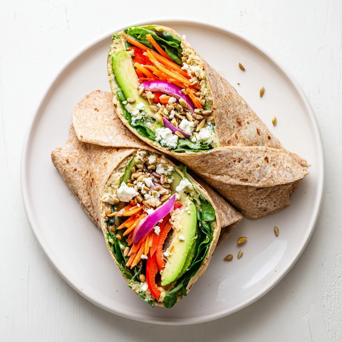 Hand-held lunch featuring crisp vegetables and smooth hummus filling in this easy veggie wrap with hummus recipe