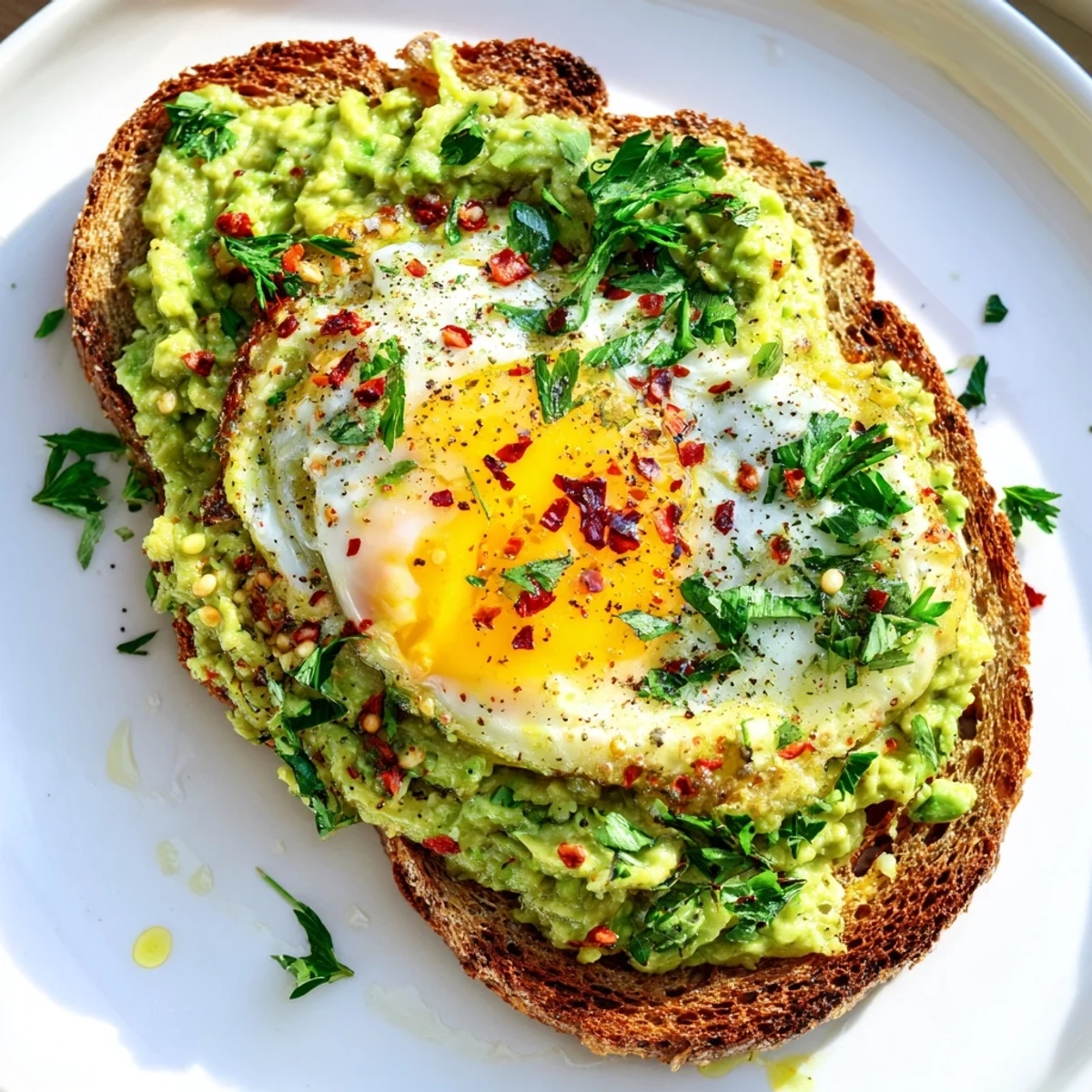 Golden sourdough toast topped with creamy mashed avocado and a perfectly fried egg