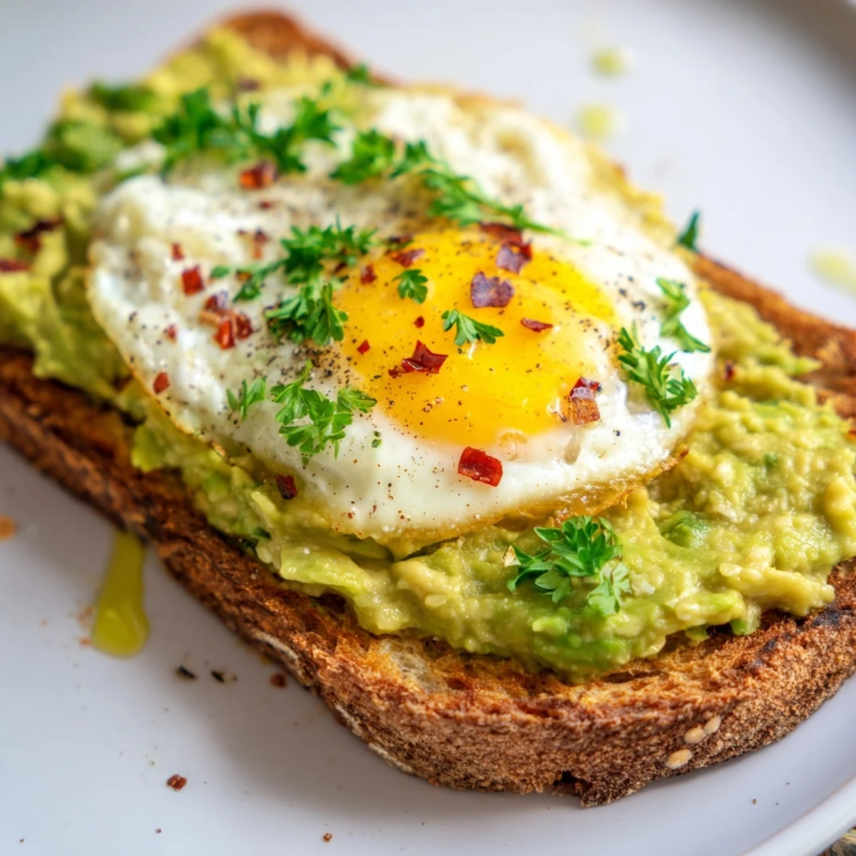 Simple avocado toast with egg featuring a runny yolk over crusty whole grain bread