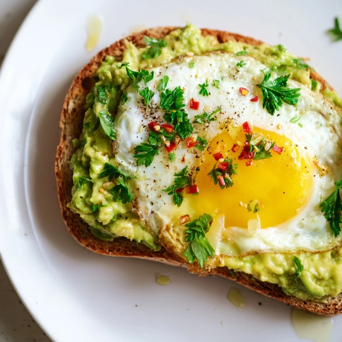 Homemade avocado toast with egg garnished with fresh herbs and a drizzle of olive oil