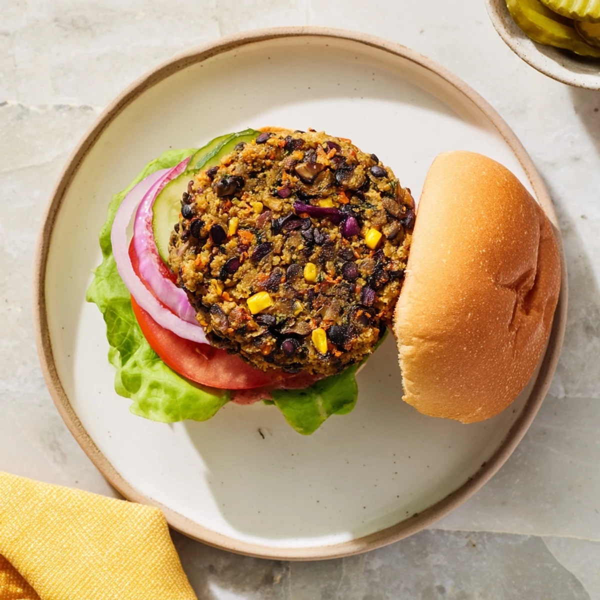 Golden brown veggie burgers recipe stacked on toasted buns with fresh lettuce and tomato
