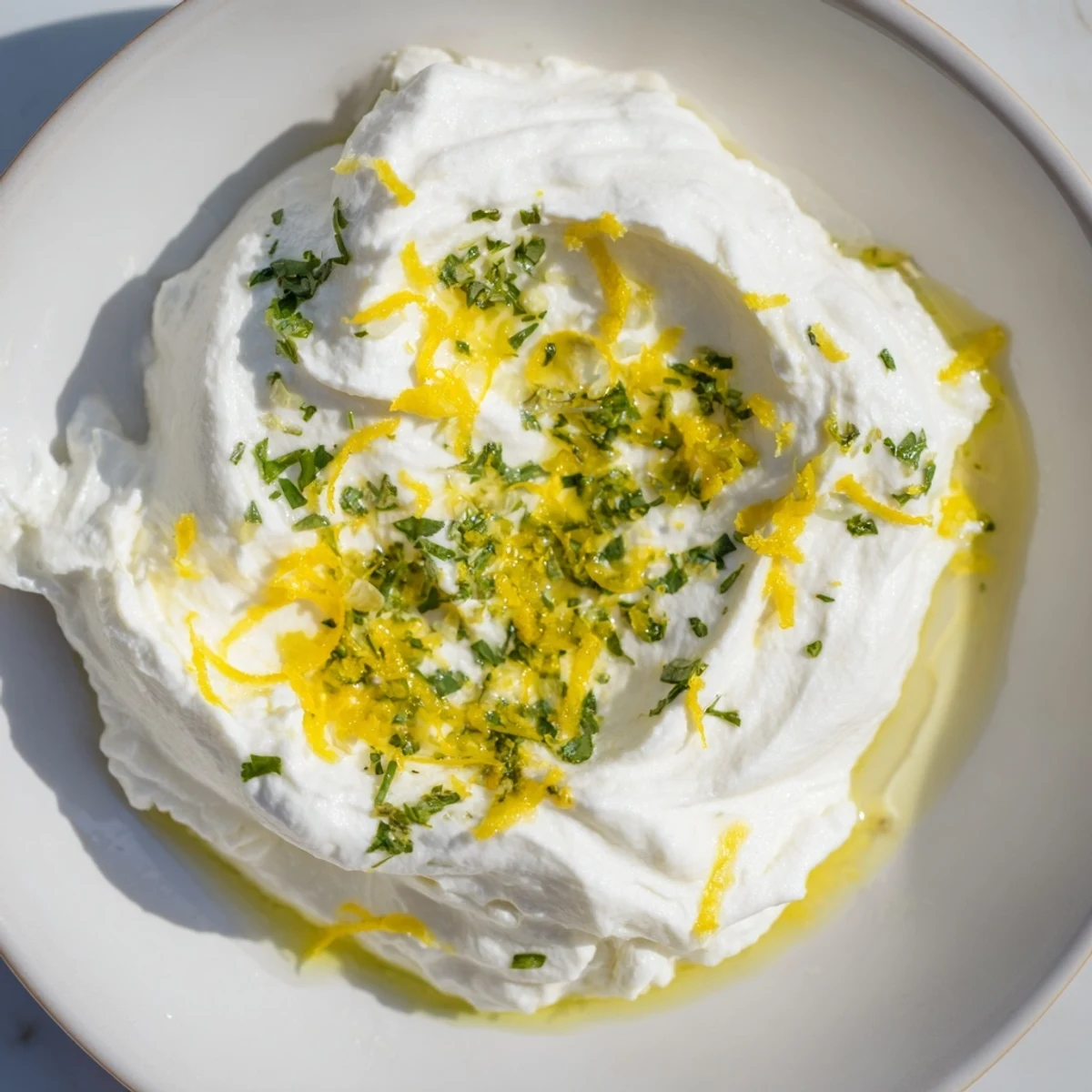 Creamy whipped ricotta spread topped with fresh herbs and lemon zest on a serving plate