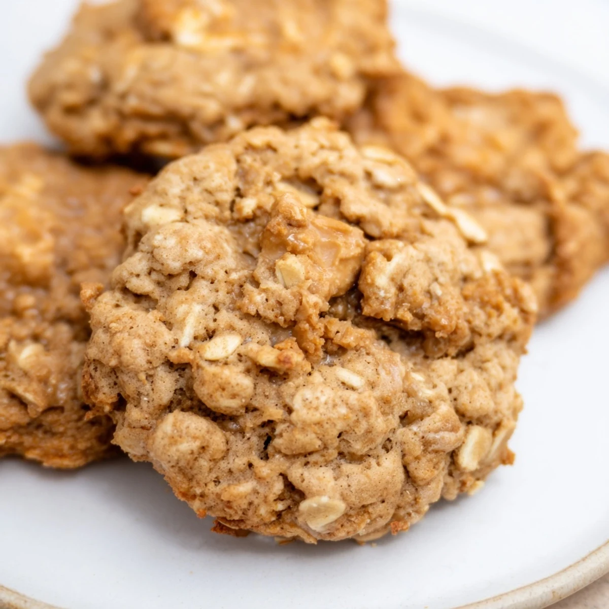 Chewy Biscoff oatmeal Lotus cookies stacked on white plate, perfect coffee companion treat