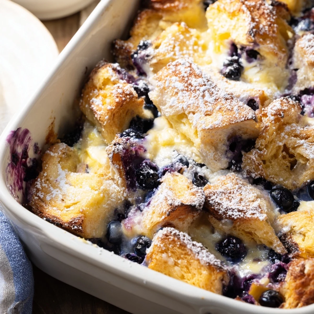 Golden blueberry cream cheese croissant casserole with sweet cream swirls and dusted powdered sugar topping