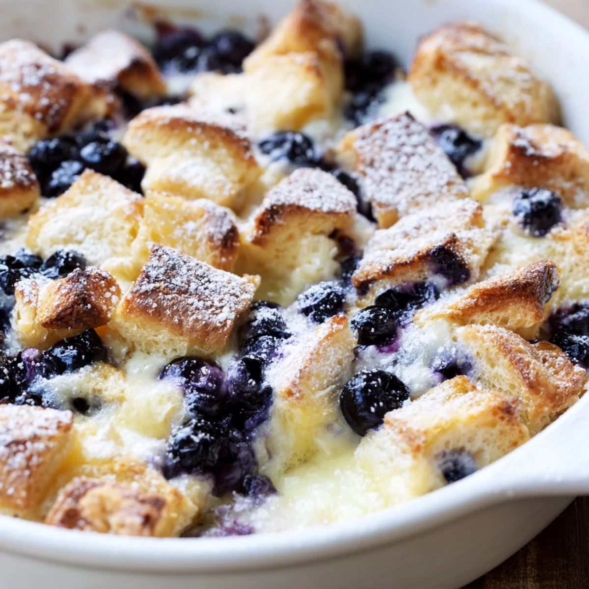Warm breakfast casserole featuring buttery croissant cubes baked with creamy cheese filling and plump blueberries