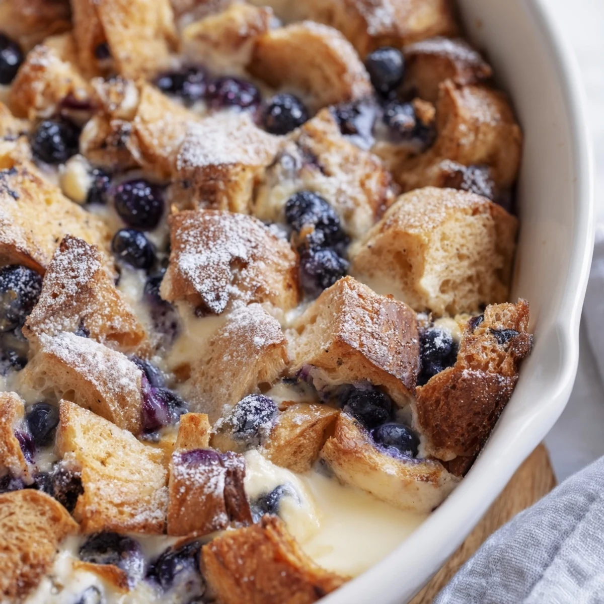 Slices of blueberry cream cheese croissant casserole served on a plate with maple syrup drizzle