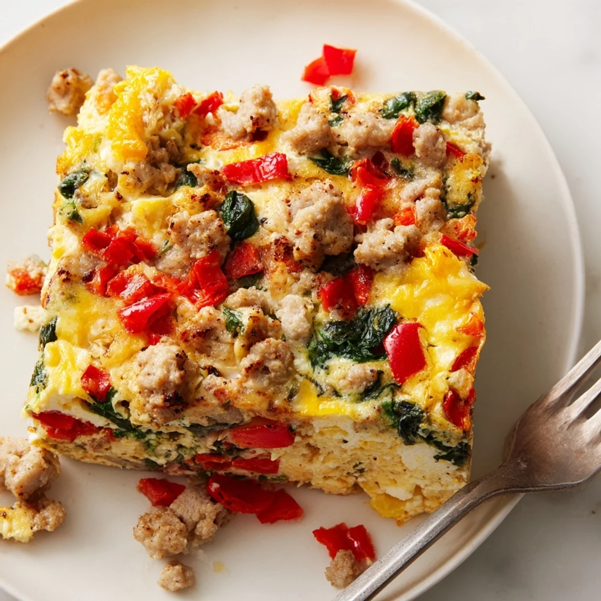 Golden high protein egg casserole with melted cheddar, colorful peppers, and spinach slices