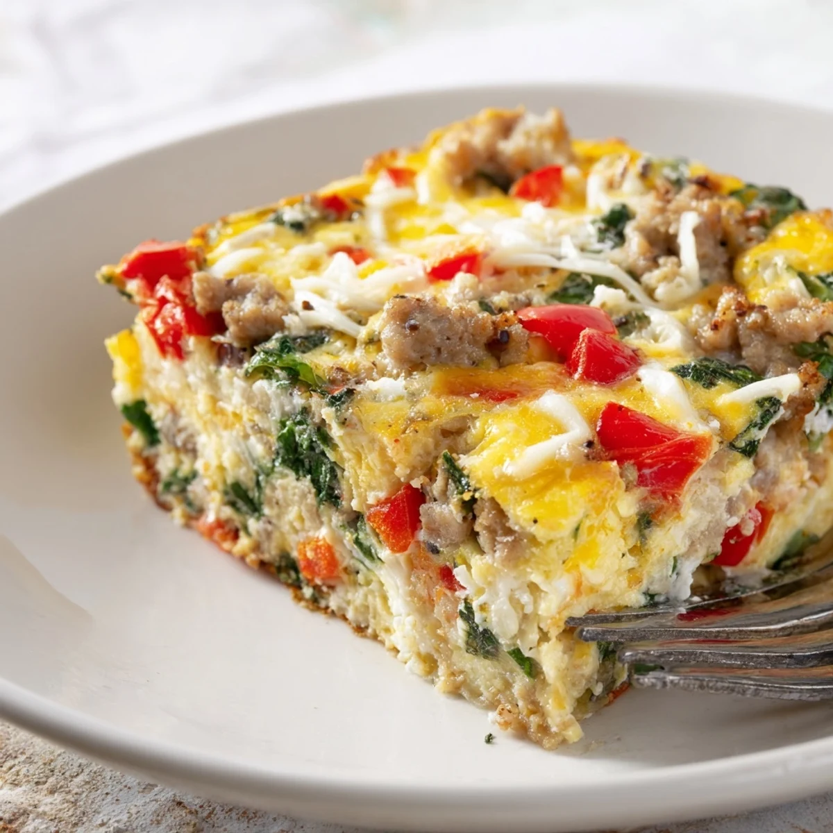 Savory breakfast high protein egg casserole served warm with fluffy texture and veggies