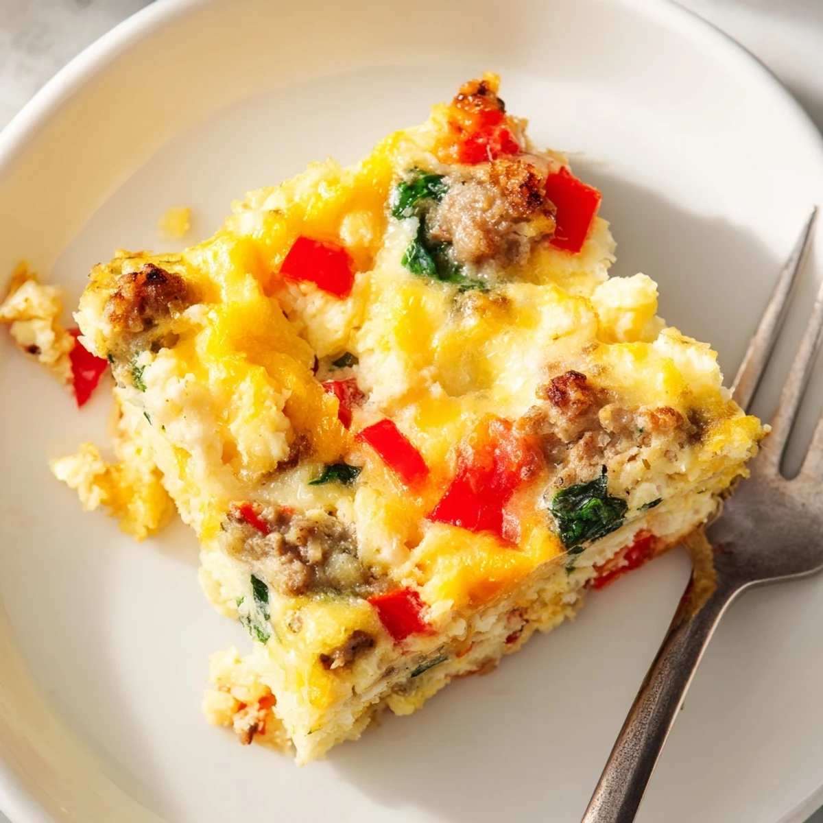 Meal prep high protein egg casserole featuring turkey sausage, cheese, and fresh vegetables