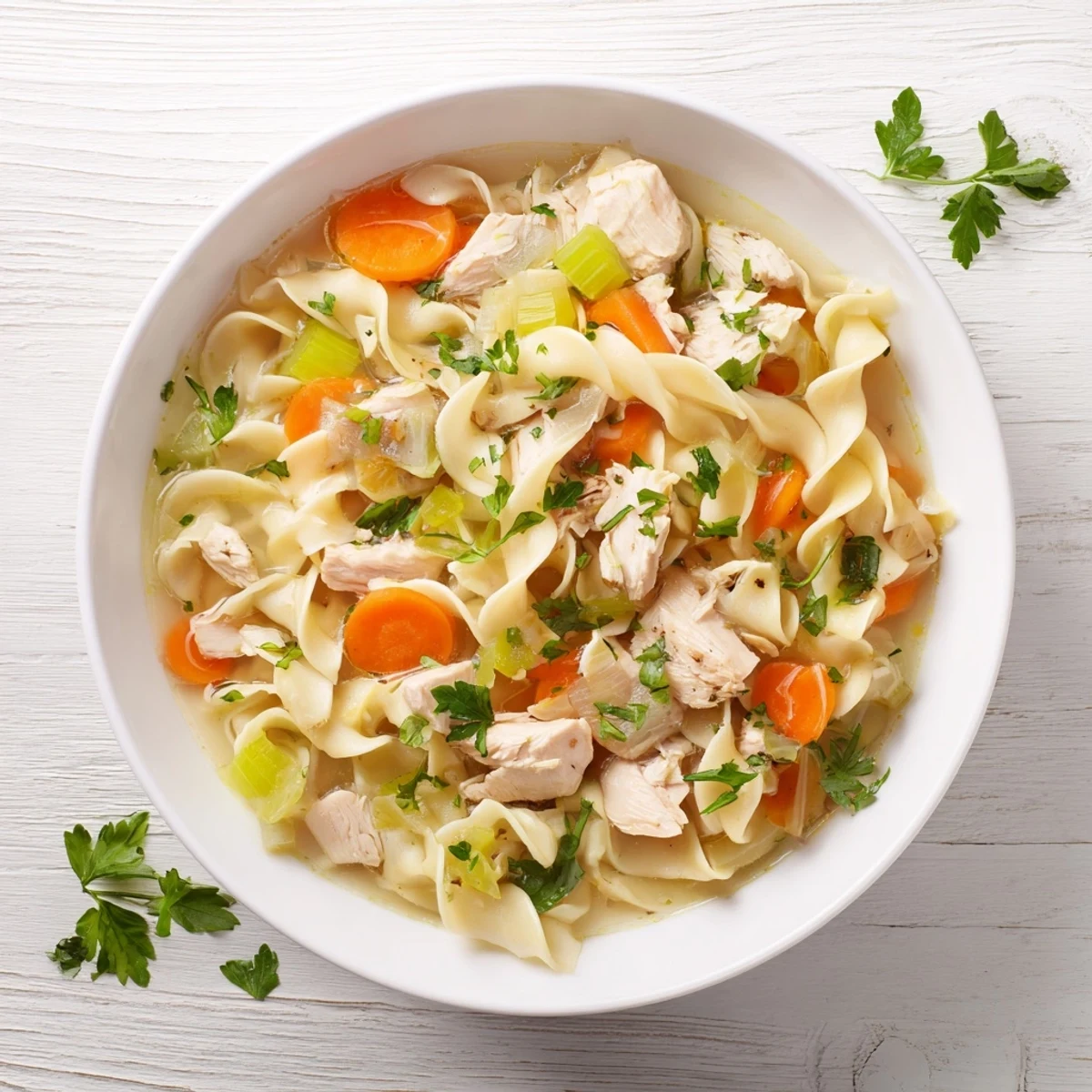 Golden one pot chicken and noodles simmered in savory broth with tender vegetables and fresh parsley garnish