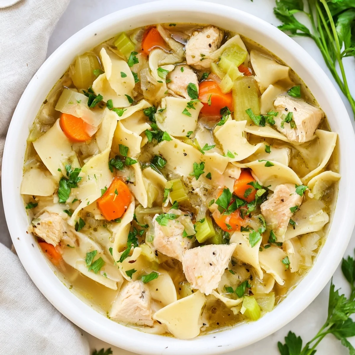 Creamy one pot chicken and noodles dish featuring hearty egg noodles and bite-sized chicken in a rich broth