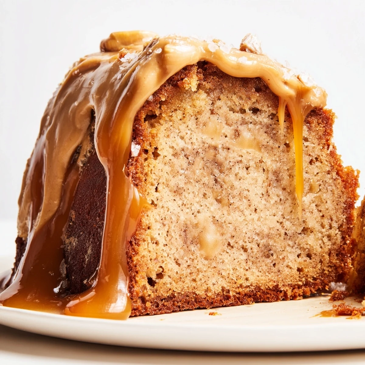 Moist salted caramel brown butter banana cake layered with rich caramel frosting and drizzled golden sauce