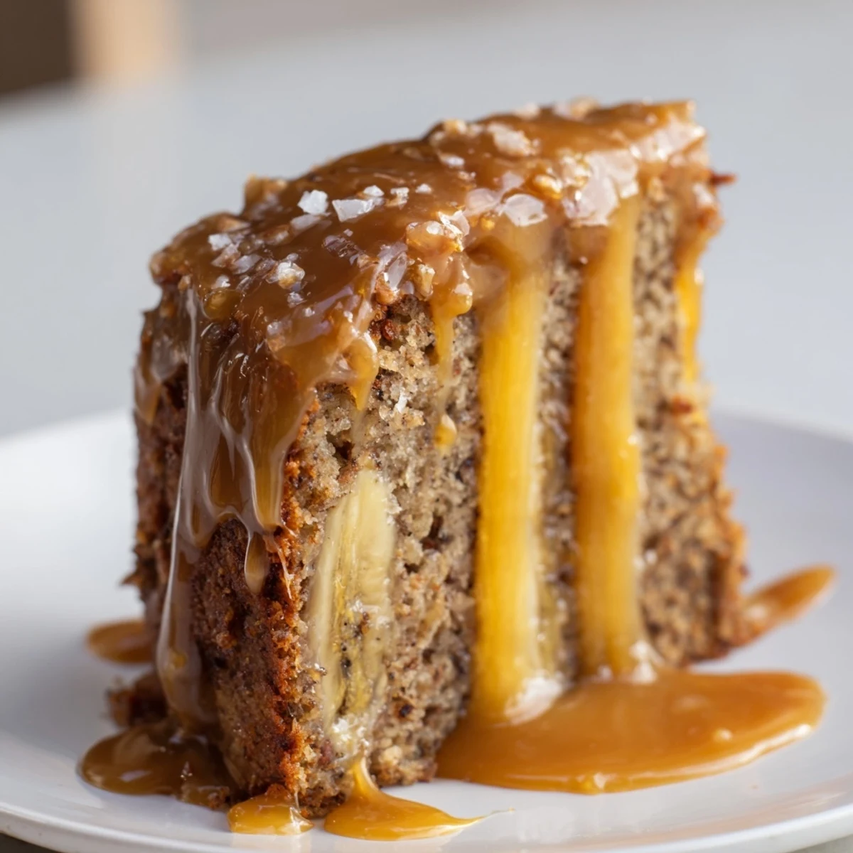 Decadent brown butter banana cake topped with luscious salted caramel frosting and flaky sea salt garnish