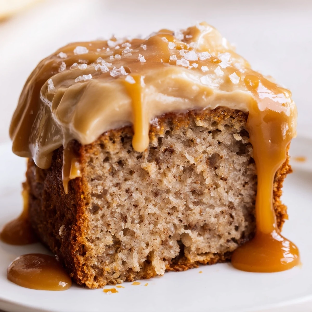 Slice of salted caramel brown butter banana cake showing tender crumb with glossy caramel dripping down sides