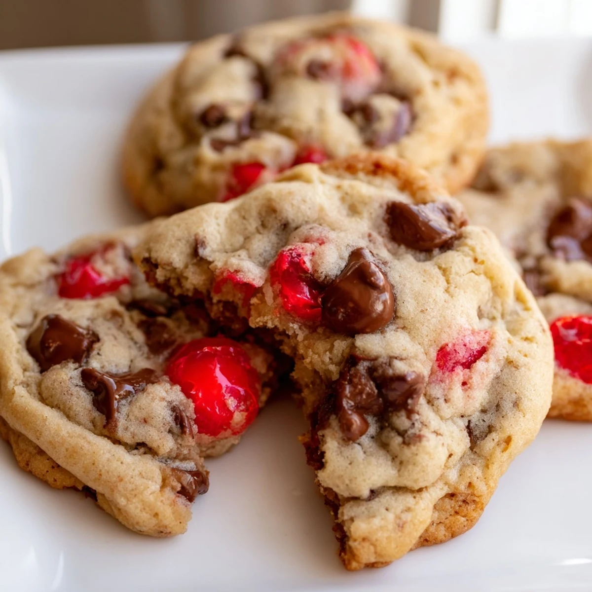 Golden brown maraschino cherry chocolate chip cookies fresh from the oven with melty chocolate chips