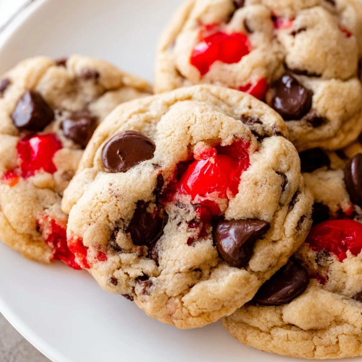 Soft baked maraschino cherry chocolate chip cookies studded with bright red cherries and dark chocolate chunks