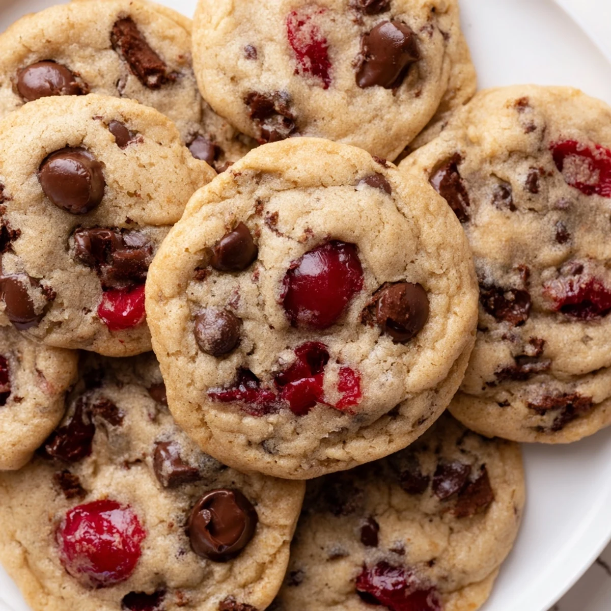Homemade maraschino cherry chocolate chip cookies stacked on a white plate with colorful cherry pieces visible