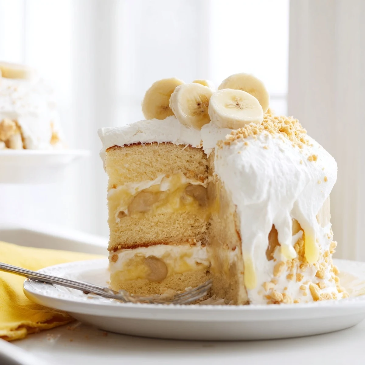 Golden banana pudding cake layered with creamy vanilla filling and fresh banana slices