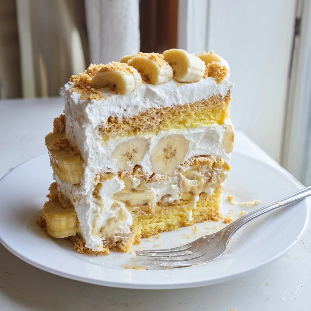 Moist banana pudding cake topped with whipped cream and crushed vanilla wafer cookies