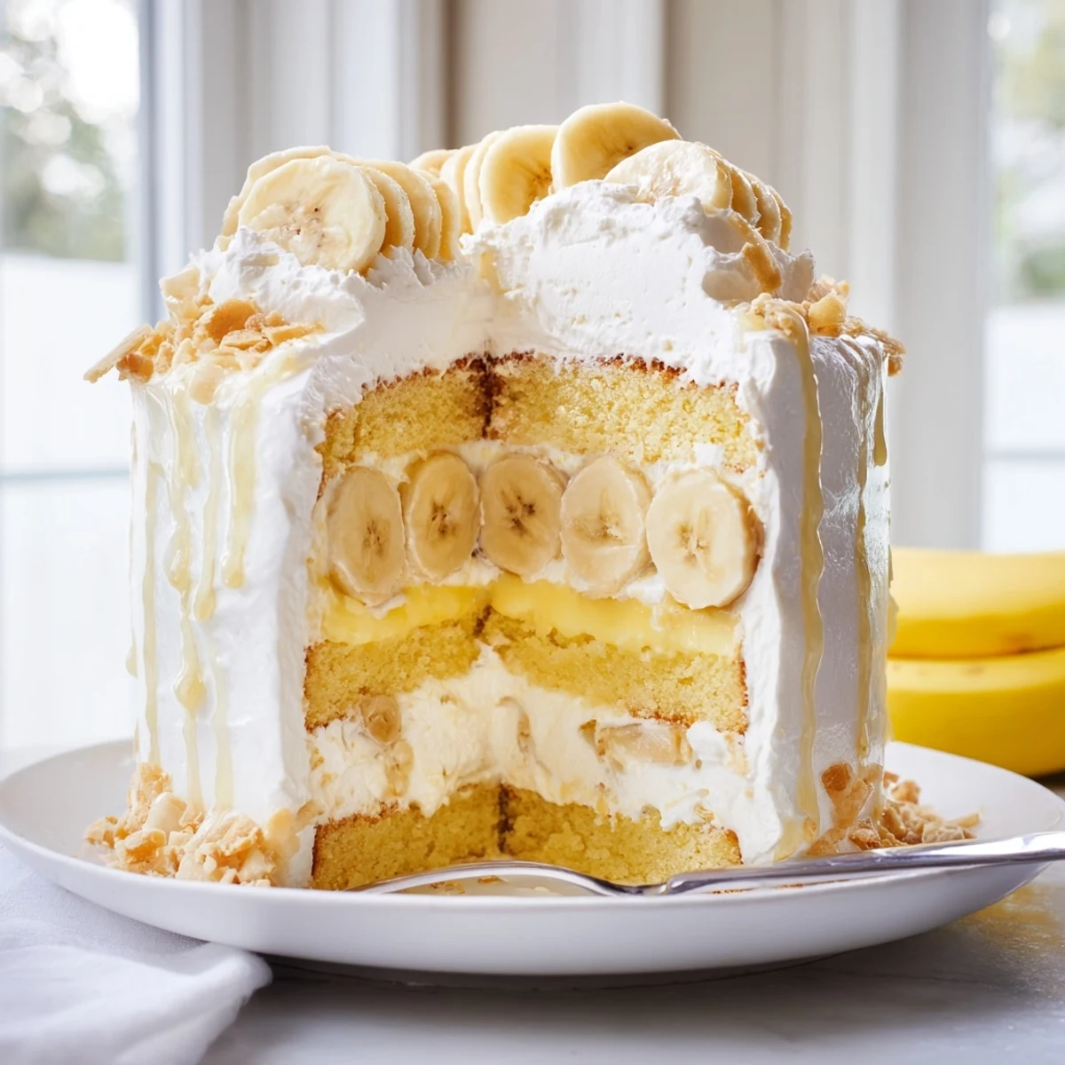 Southern-style banana pudding cake showing luscious layers of pudding and sliced bananas
