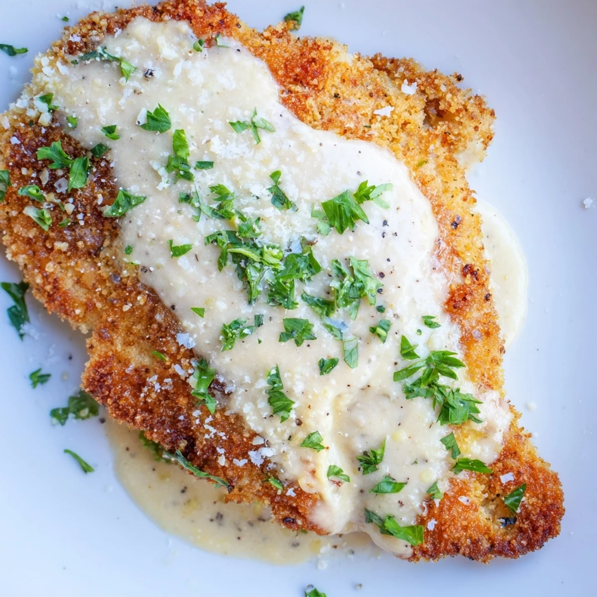 Golden brown crispy chicken breasts drizzled with velvety Parmesan cream sauce on a white plate