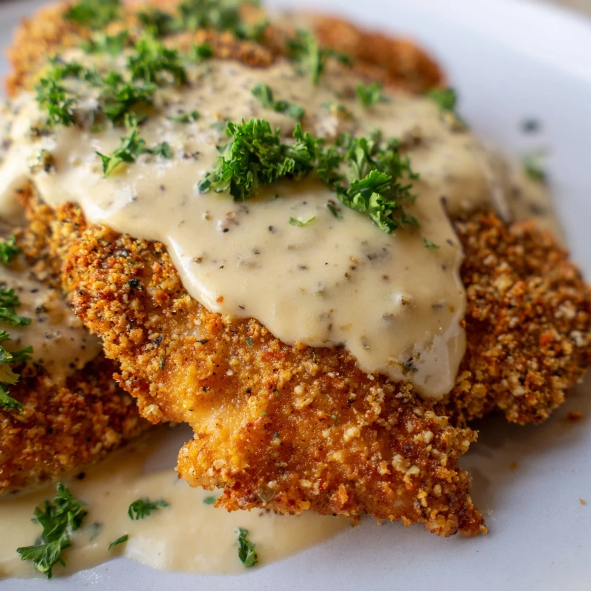 Crispy chicken cream recipe showing juicy breaded cutlets served over smooth homemade savory white sauce