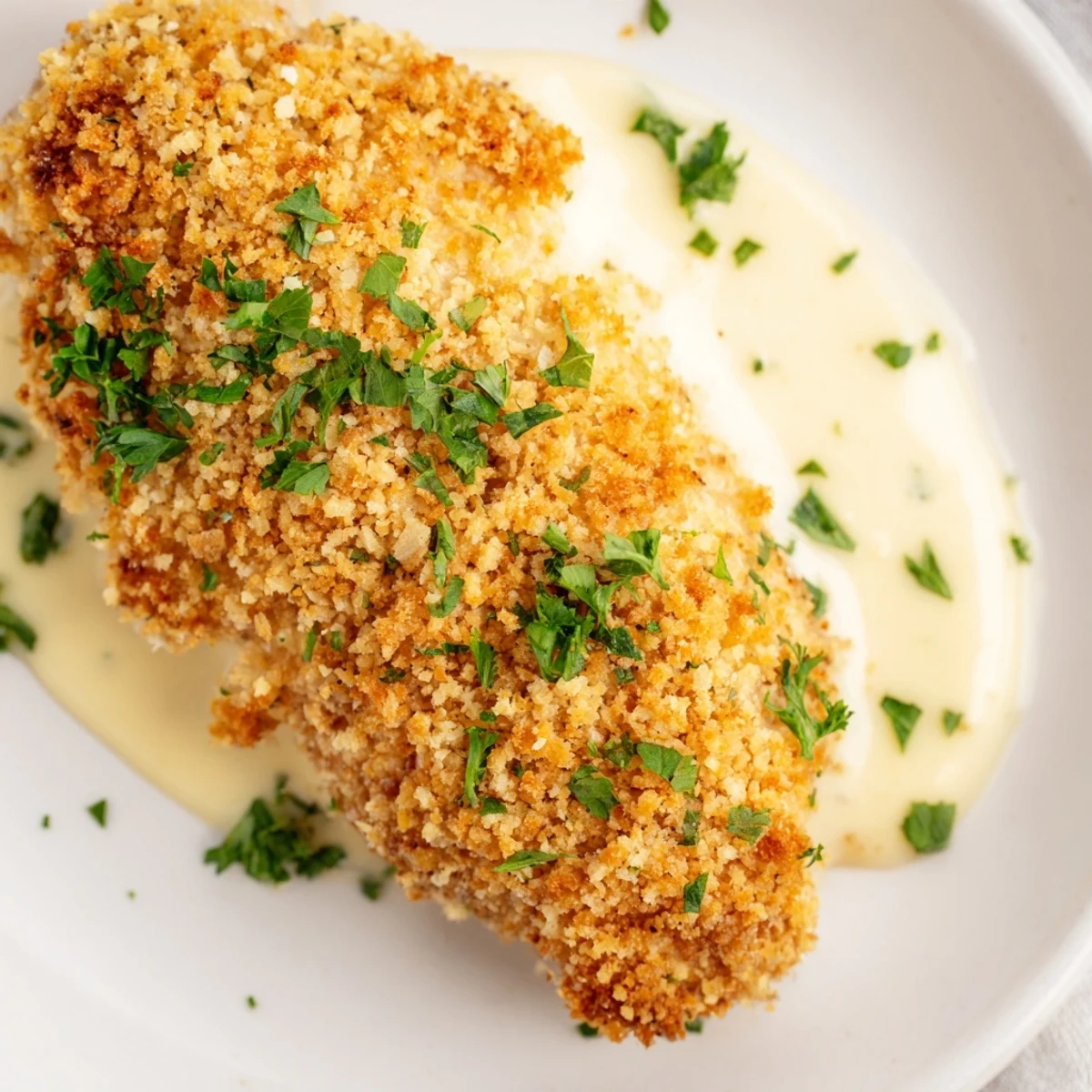 Pan-fried chicken with crunchy breadcrumb coating topped with rich garlic cream sauce and fresh parsley