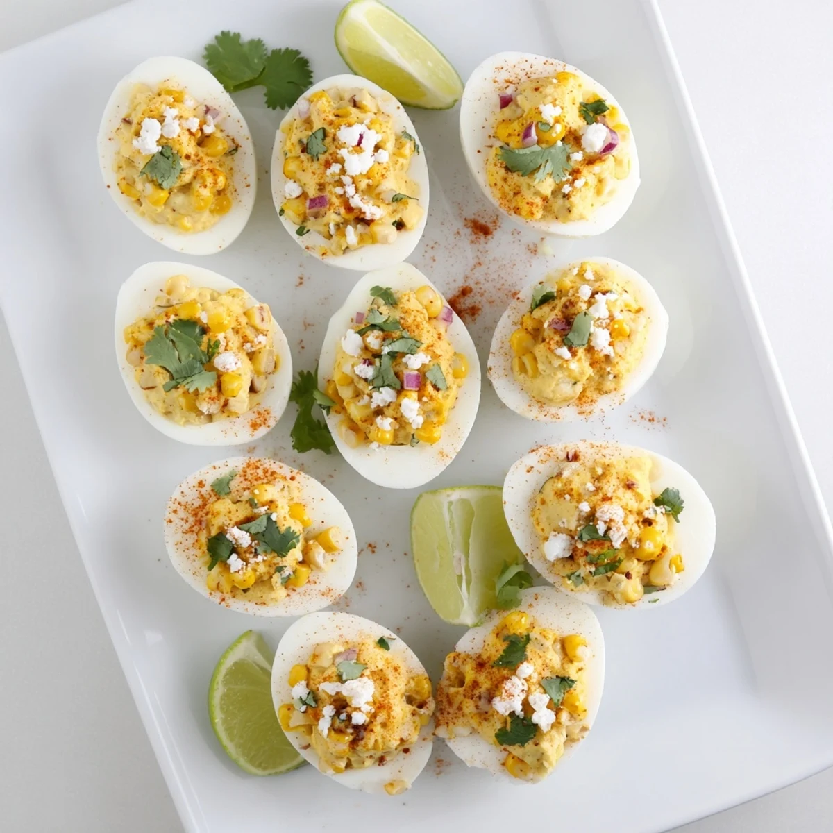 Mexican Street Corn Deviled Eggs topped with cotija cheese, cilantro, chili powder, and fresh lime wedges on a white serving plate