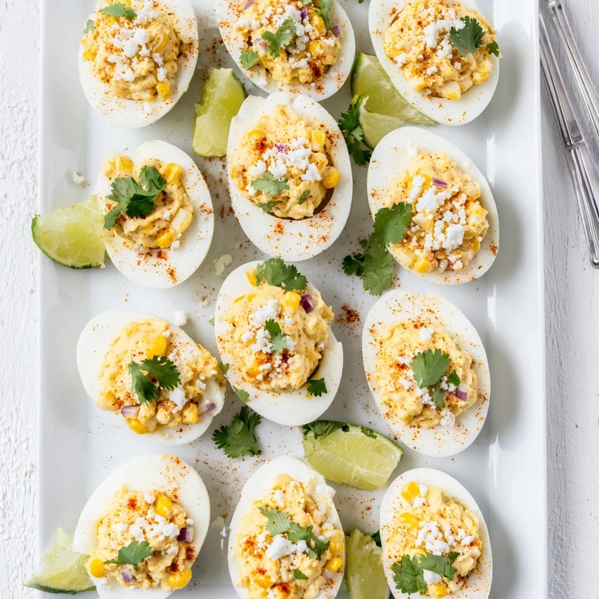 Creamy Mexican Street Corn Deviled Eggs filled with sweet corn kernels and garnished with crumbled white cheese and red onion