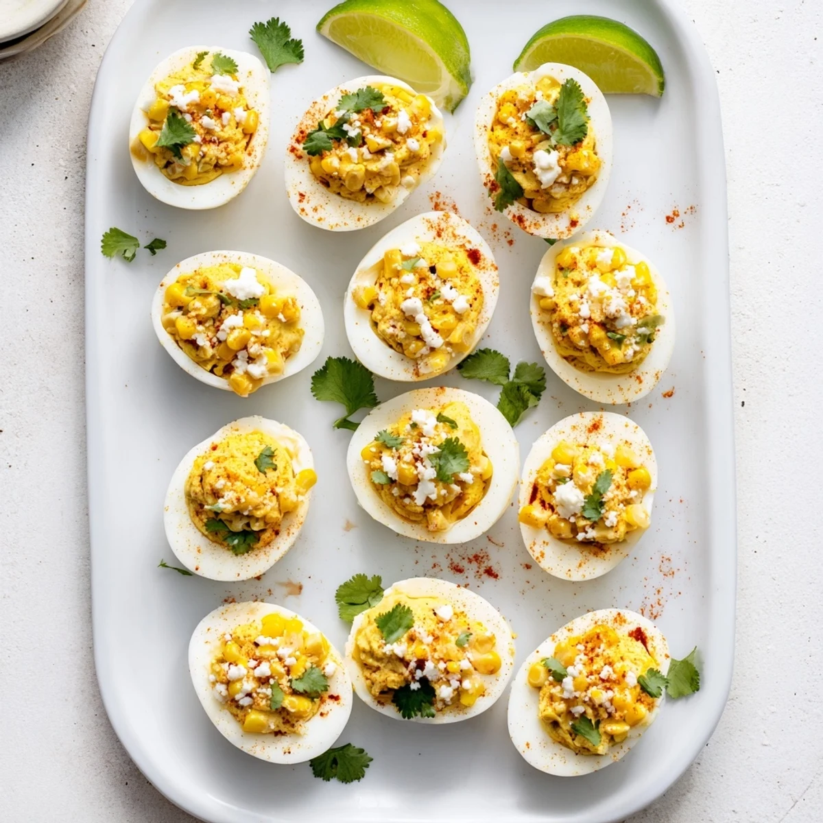 Close up of Mexican Street Corn Deviled Eggs sprinkled with Tajín seasoning, chopped cilantro, and zesty lime on rustic wooden board